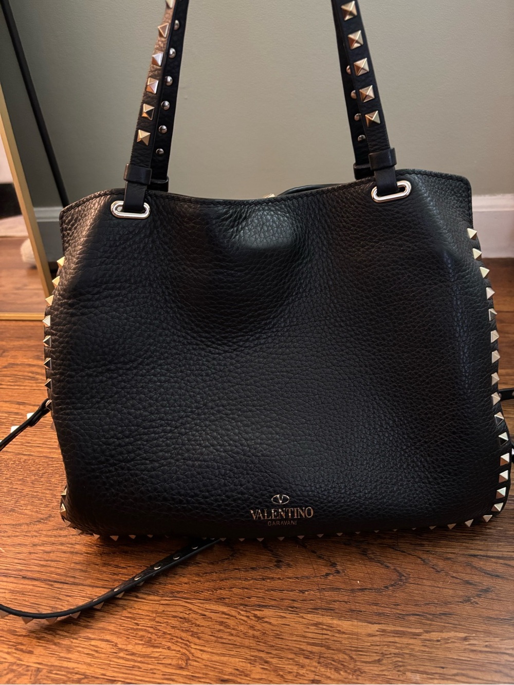 Valentino Garavani Black Pebbled Leather Shoulder Bag with Gold Rockstuds